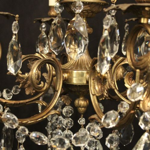 ITALIAN 6 LIGHT GILDED BRASS CRYSTAL ANTIQUE CHANDELIER - ADDITIONAL PHOTO 8