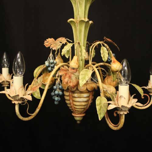 FRENCH 6 LIGHT POLYCHROME TOLEWARE CHANDELIER - ADDITIONAL PHOTO 1
