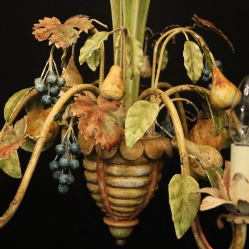 FRENCH 6 LIGHT POLYCHROME TOLEWARE CHANDELIER - ADDITIONAL PHOTO 4