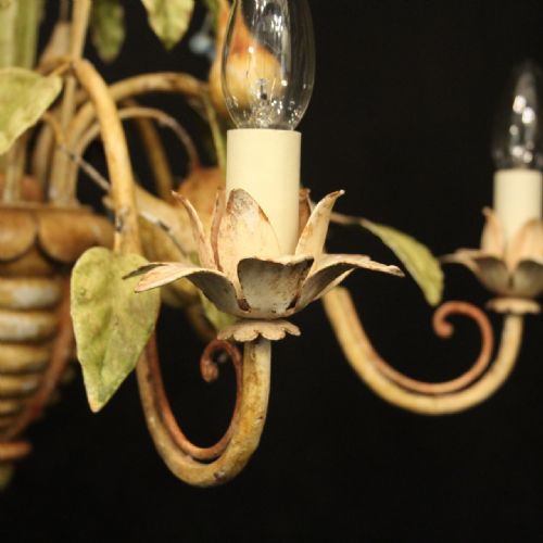 FRENCH 6 LIGHT POLYCHROME TOLEWARE CHANDELIER - ADDITIONAL PHOTO 6