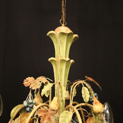 FRENCH 6 LIGHT POLYCHROME TOLEWARE CHANDELIER - ADDITIONAL PHOTO 8