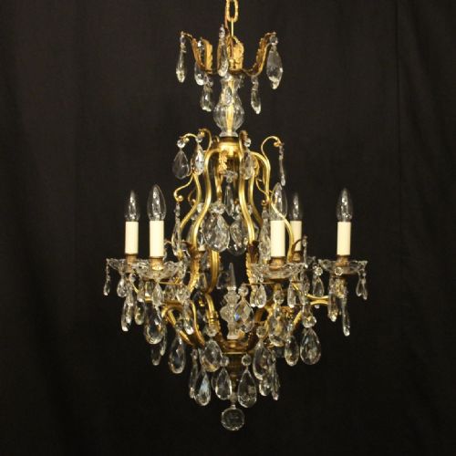 french gilded bronze crystal 6 light birdcage chandelier - CATEGORY: ANTIQUE LIGHTING - DATED 1920