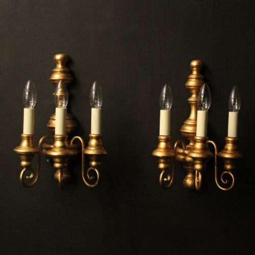 italian pair of gilded wood triple arm wall lights - CATEGORY: ANTIQUE LIGHTING - DATED 1930