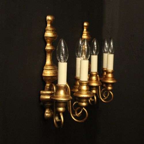 ITALIAN PAIR OF GILDED WOOD TRIPLE ARM WALL LIGHTS - ADDITIONAL PHOTO 9