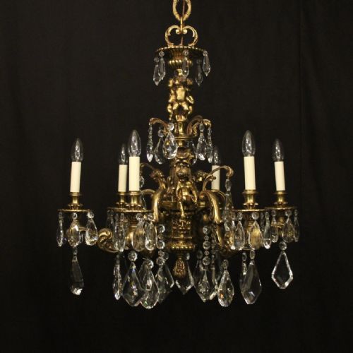 french gilded bronze crystal 6 light antique chandelier - CATEGORY: ANTIQUE LIGHTING - DATED 19TH CENTURY