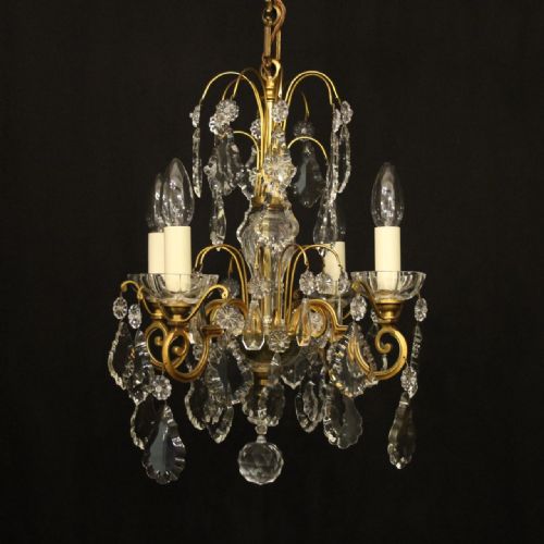 french gilded bronze crystal 4 light antique chandelier - CATEGORY: ANTIQUE LIGHTING - DATED 1920