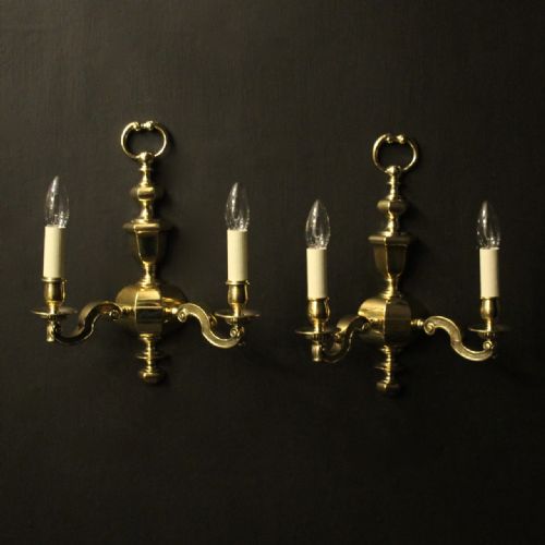 english pair of brass twin arm antique wall lights - CATEGORY: ANTIQUE LIGHTING - DATED 1910