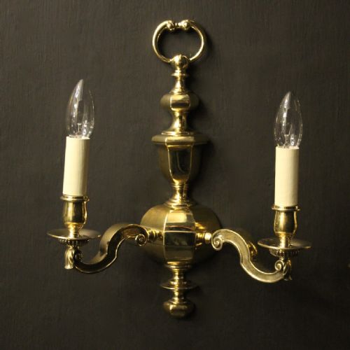 ENGLISH PAIR OF BRASS TWIN ARM ANTIQUE WALL LIGHTS - ADDITIONAL PHOTO 1
