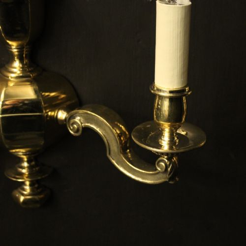 ENGLISH PAIR OF BRASS TWIN ARM ANTIQUE WALL LIGHTS - ADDITIONAL PHOTO 2