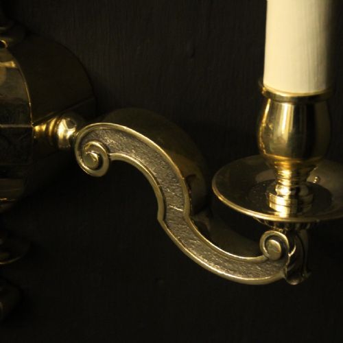 ENGLISH PAIR OF BRASS TWIN ARM ANTIQUE WALL LIGHTS - ADDITIONAL PHOTO 6