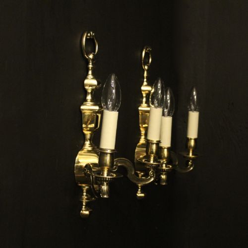 ENGLISH PAIR OF BRASS TWIN ARM ANTIQUE WALL LIGHTS - ADDITIONAL PHOTO 9