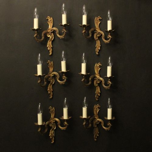 french set of 6 gilded twin arm antique wall lights - CATEGORY: ANTIQUE LIGHTING - DATED 1920