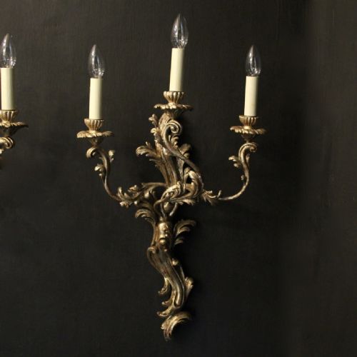 FRENCH LARGE PAIR OF SILVER GILTWOOD ANTIQUE WALL LIGHTS - ADDITIONAL PHOTO 1