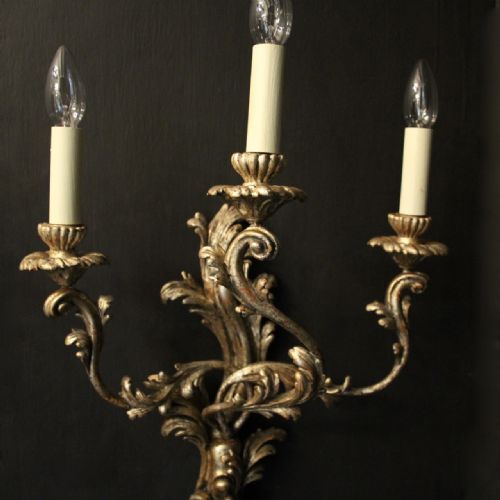 FRENCH LARGE PAIR OF SILVER GILTWOOD ANTIQUE WALL LIGHTS - ADDITIONAL PHOTO 2