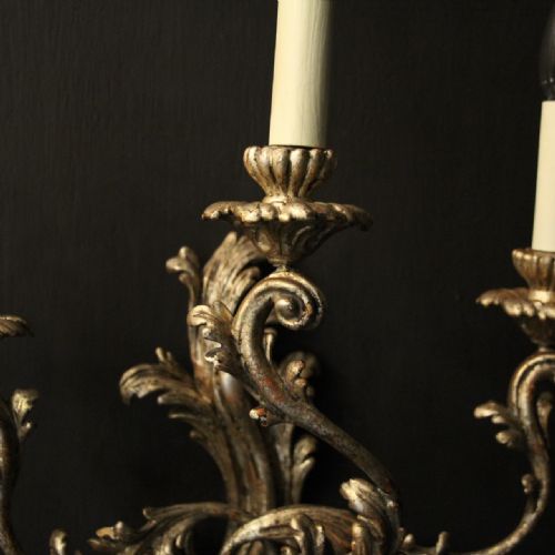 FRENCH LARGE PAIR OF SILVER GILTWOOD ANTIQUE WALL LIGHTS - ADDITIONAL PHOTO 3
