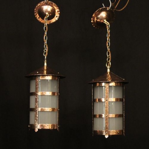 english pair of copper convex single light antique lanterns - CATEGORY: ANTIQUE LIGHTING - DATED 1910