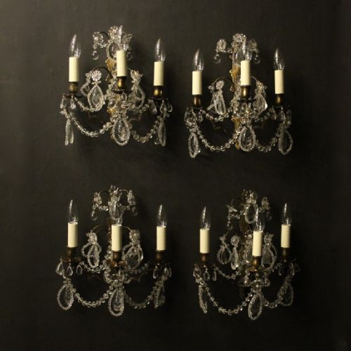 french set of 4 bronze crystal triple arm wall sconces - CATEGORY: ANTIQUE LIGHTING - DATED 19TH CENTURY