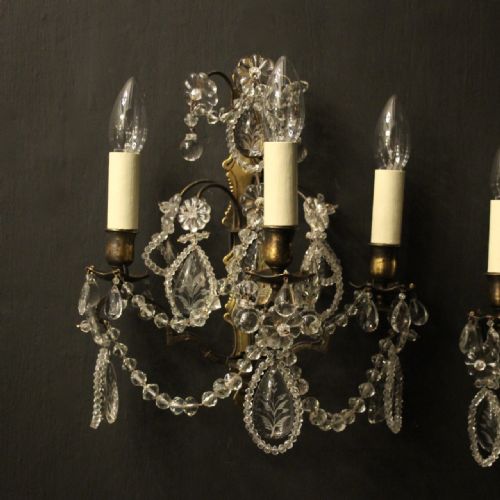FRENCH SET OF 4 BRONZE CRYSTAL TRIPLE ARM WALL SCONCES - ADDITIONAL PHOTO 1