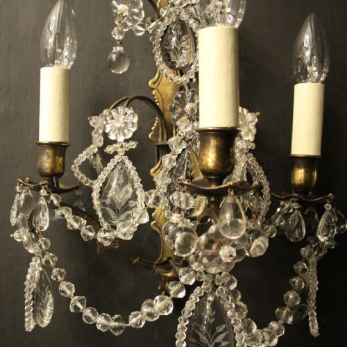FRENCH SET OF 4 BRONZE CRYSTAL TRIPLE ARM WALL SCONCES - ADDITIONAL PHOTO 2