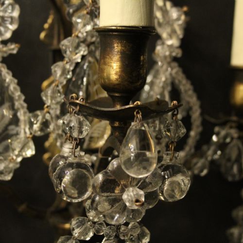 FRENCH SET OF 4 BRONZE CRYSTAL TRIPLE ARM WALL SCONCES - ADDITIONAL PHOTO 4