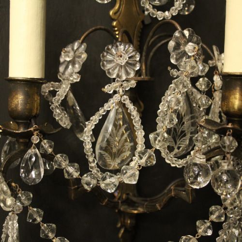 FRENCH SET OF 4 BRONZE CRYSTAL TRIPLE ARM WALL SCONCES - ADDITIONAL PHOTO 5