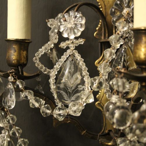 FRENCH SET OF 4 BRONZE CRYSTAL TRIPLE ARM WALL SCONCES - ADDITIONAL PHOTO 6