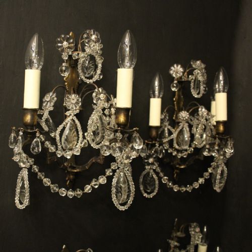 FRENCH SET OF 4 BRONZE CRYSTAL TRIPLE ARM WALL SCONCES - ADDITIONAL PHOTO 8