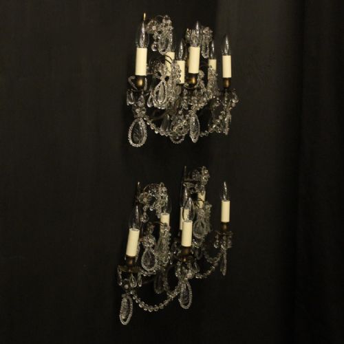 FRENCH SET OF 4 BRONZE CRYSTAL TRIPLE ARM WALL SCONCES - ADDITIONAL PHOTO 9