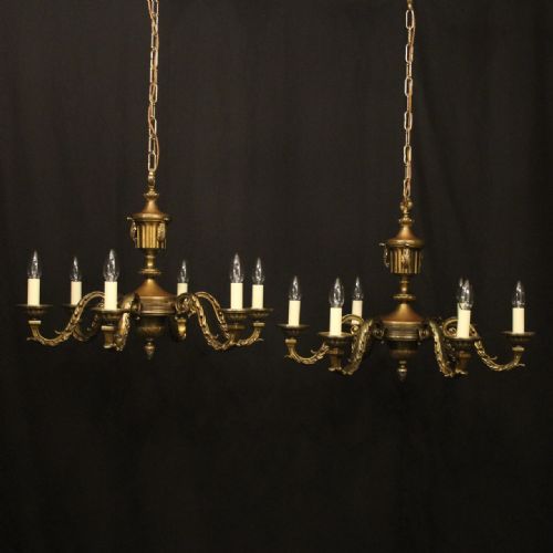 french pair of gilded bronze 6 light antique chandeliers - CATEGORY: ANTIQUE LIGHTING - DATED 1910