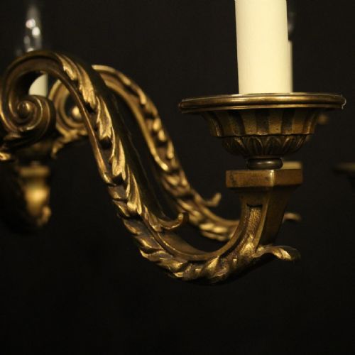 FRENCH PAIR OF GILDED BRONZE 6 LIGHT ANTIQUE CHANDELIERS - ADDITIONAL PHOTO 3