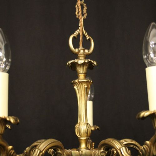 FRENCH GILDED BRASS 5 LIGHT ANTIQUE CHANDELIER - ADDITIONAL PHOTO 6