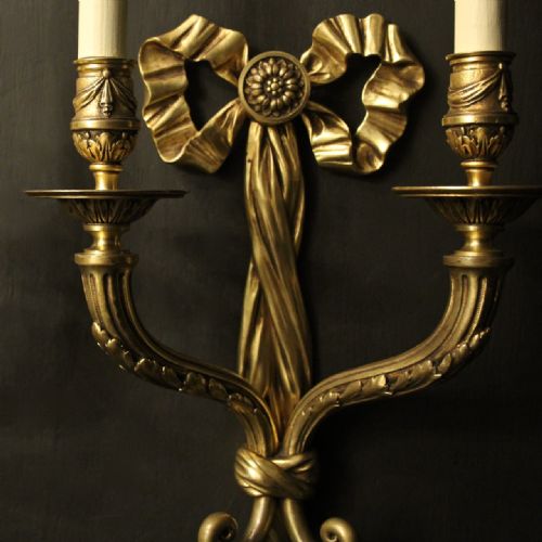 FRENCH PAIR OF GILDED BRONZE ANTIQUE WALL SCONCES - ADDITIONAL PHOTO 1