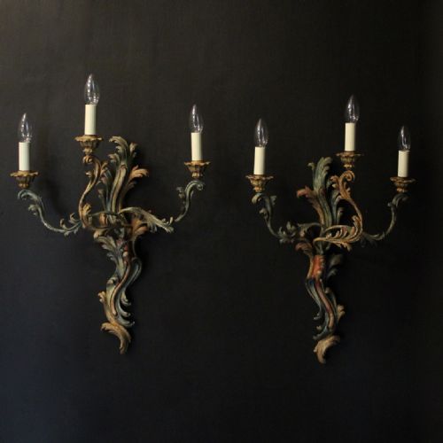 french large pair of polychrome triple arm antique wall lights - CATEGORY: ANTIQUE LIGHTING - DATED 1920