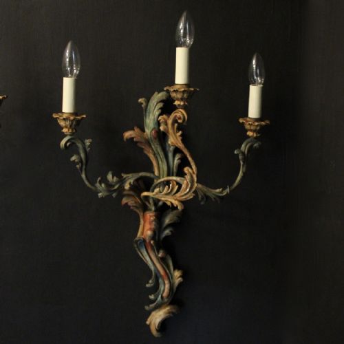 FRENCH LARGE PAIR OF POLYCHROME TRIPLE ARM ANTIQUE WALL LIGHTS - ADDITIONAL PHOTO 1