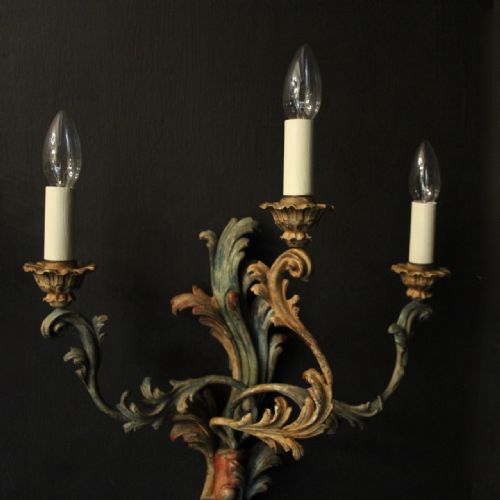 FRENCH LARGE PAIR OF POLYCHROME TRIPLE ARM ANTIQUE WALL LIGHTS - ADDITIONAL PHOTO 2