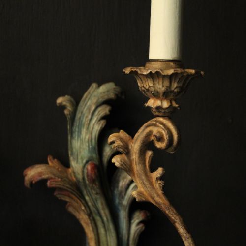 FRENCH LARGE PAIR OF POLYCHROME TRIPLE ARM ANTIQUE WALL LIGHTS - ADDITIONAL PHOTO 3