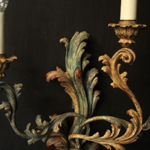 FRENCH LARGE PAIR OF POLYCHROME TRIPLE ARM ANTIQUE WALL LIGHTS - ADDITIONAL PHOTO 4