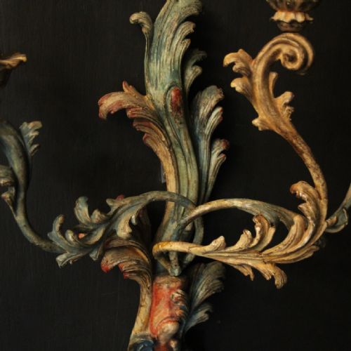 FRENCH LARGE PAIR OF POLYCHROME TRIPLE ARM ANTIQUE WALL LIGHTS - ADDITIONAL PHOTO 5