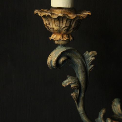 FRENCH LARGE PAIR OF POLYCHROME TRIPLE ARM ANTIQUE WALL LIGHTS - ADDITIONAL PHOTO 6