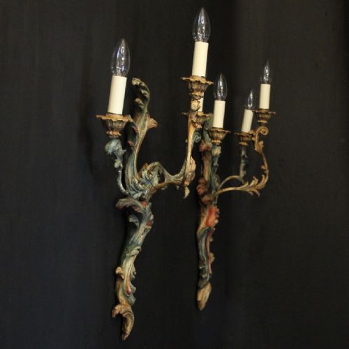 FRENCH LARGE PAIR OF POLYCHROME TRIPLE ARM ANTIQUE WALL LIGHTS - ADDITIONAL PHOTO 9