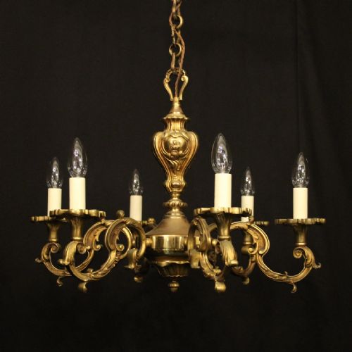 french gilded bronze 6 light antique chandelier - CATEGORY: ANTIQUE LIGHTING - DATED 1920