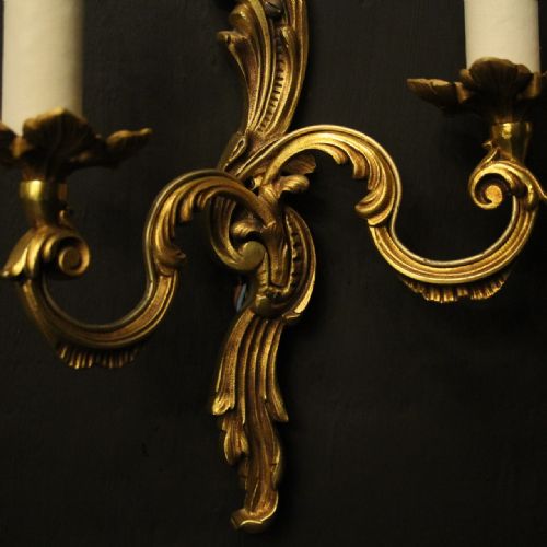 FRENCH PAIR OF GILDED TWIN ARM ANTIQUE WALL LIGHTS - ADDITIONAL PHOTO 4