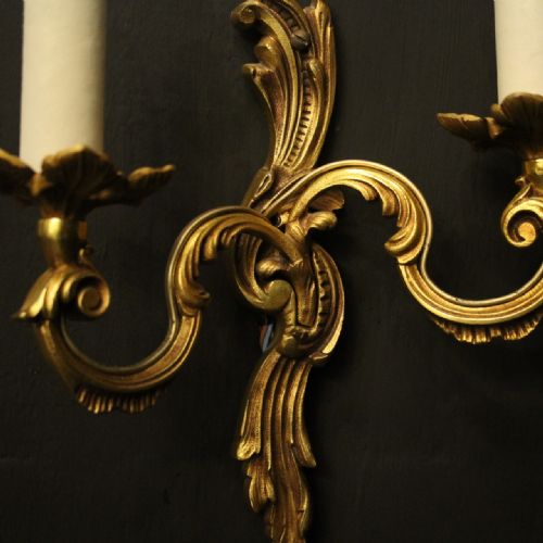 FRENCH PAIR OF GILDED TWIN ARM ANTIQUE WALL LIGHTS - ADDITIONAL PHOTO 7