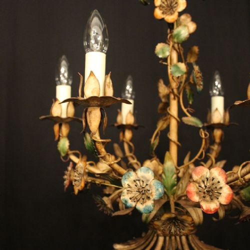FRENCH TOLEWARE 6 LIGHT ANTIQUE CHANDELIER - ADDITIONAL PHOTO 1