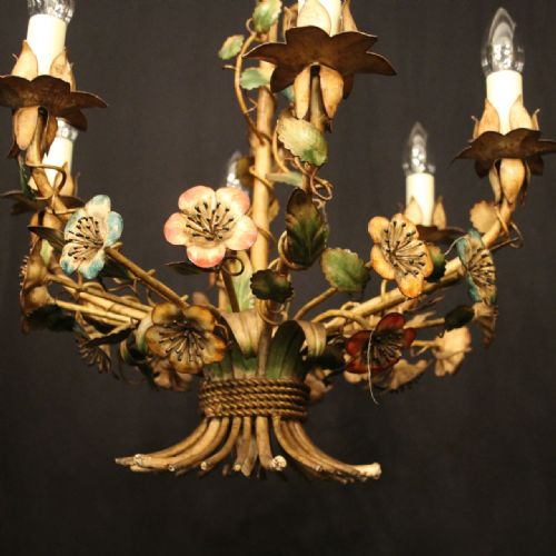 FRENCH TOLEWARE 6 LIGHT ANTIQUE CHANDELIER - ADDITIONAL PHOTO 3