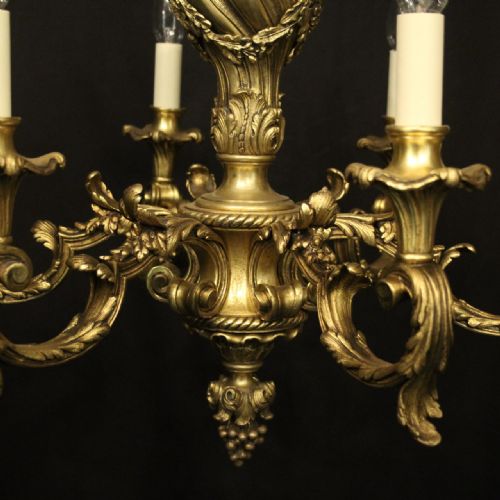 FRENCH 19TH C GILDED BRONZE 6 LIGHT ANTIQUE CHANDELIER - ADDITIONAL PHOTO 7