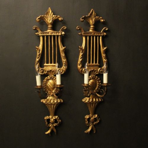 italian giltwood lyre twin arm wall lights - CATEGORY: ANTIQUE LIGHTING - DATED 1920