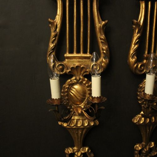 ITALIAN GILTWOOD LYRE TWIN ARM WALL LIGHTS - ADDITIONAL PHOTO 1