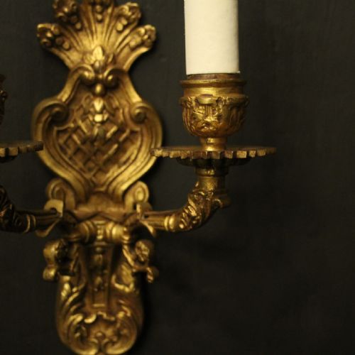 FRENCH PAIR OF BRONZE ANTIQUE WALL SCONCES - ADDITIONAL PHOTO 7
