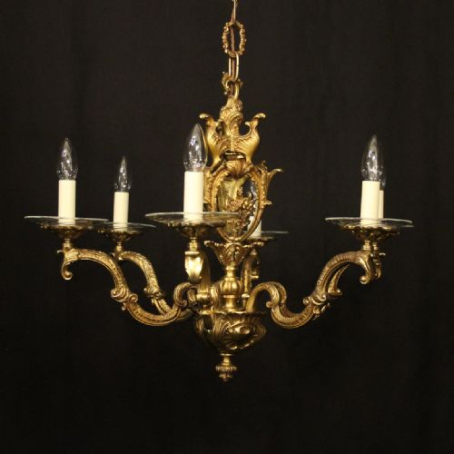 italian gilded bronze 6 light antique chandelier - CATEGORY: ANTIQUE LIGHTING - DATED 1920